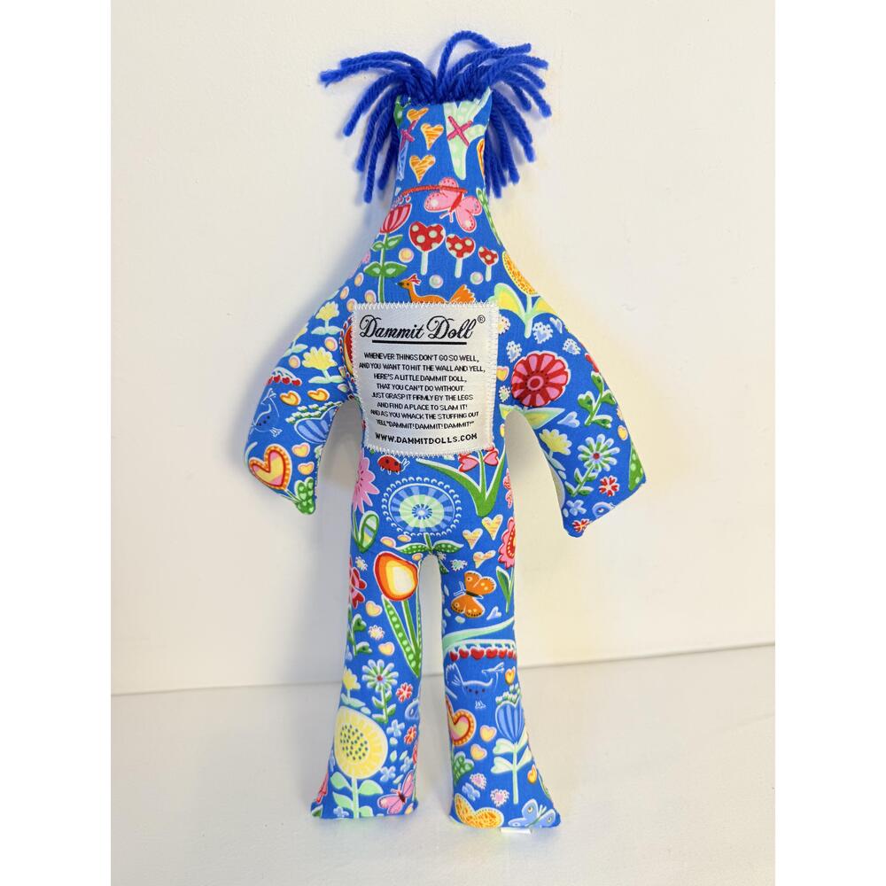 Dammit Doll Blue Blue Floral Pattern Yarn Hair Fabric Doll Stress Relief Toy